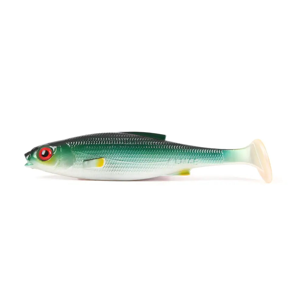Lmab køfi roach shad 14cm kala viehe vihreä ja hopea punaisella silmällä keltaisilla evillä ja läpikuultavalla pyrstöllä