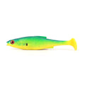 Vibrantti vihreä ja keltainen silikoninen LMAB KØFI Roach Shad 14cm paino 28g viehe punaisella silmällä pakkauksessa 3kpl