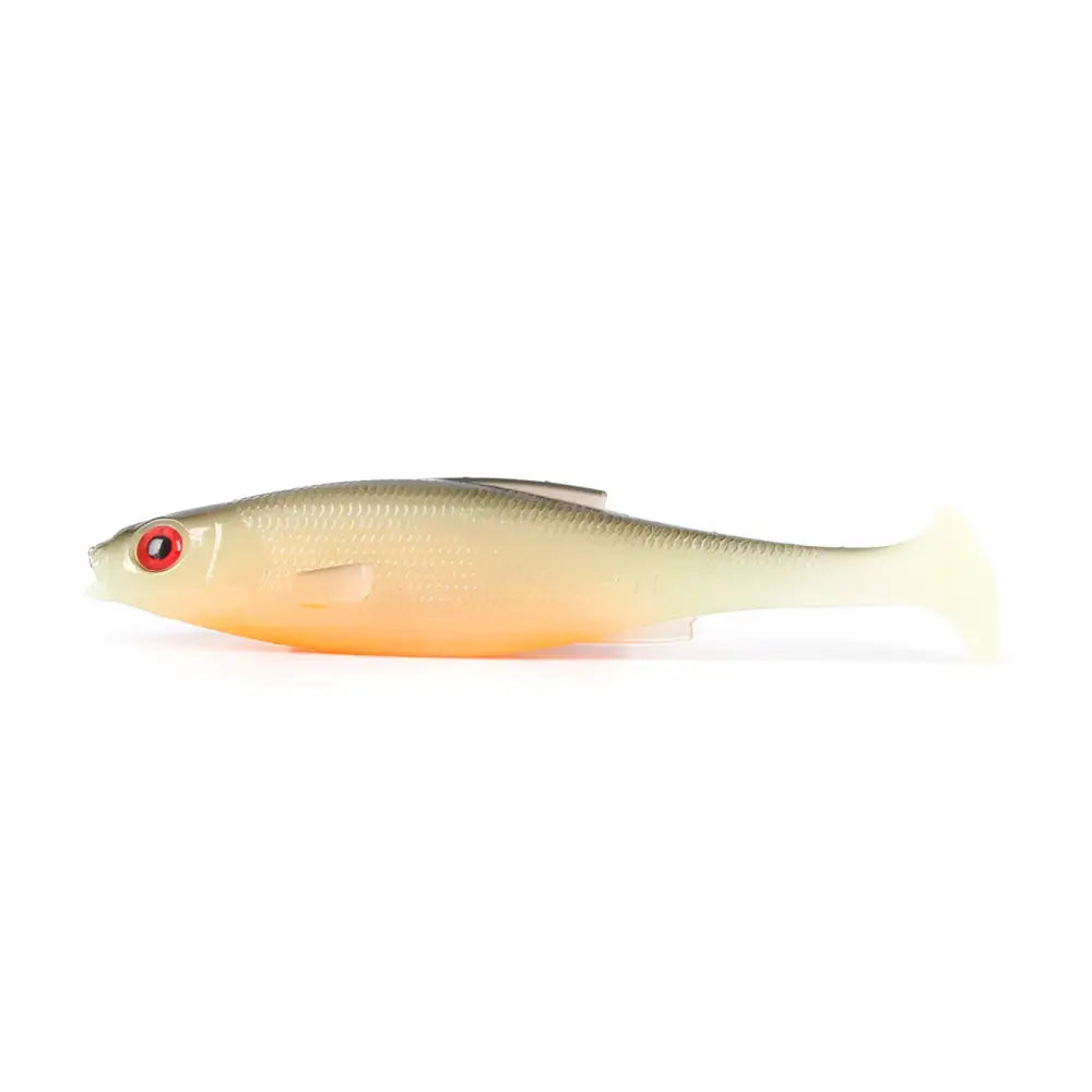Realistinen läpikuultava keltainen-orange lmab køfi roach shad kalajigi punaisella silmällä ja hopeisilla suomuilla