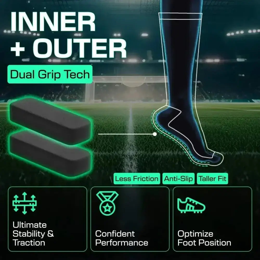Mustat kaksikahvaiset sisäpohjalliset vihreällä hohtavalla reunuksella luks anti slip football socks polvi malleissa jalkapallokenkiin vakauden ja pidon parantamiseksi