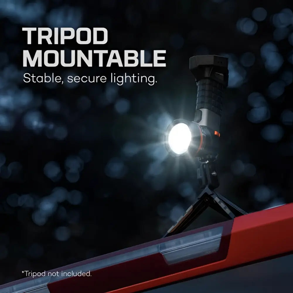 Black and silver tripod-mountable luxtreme sl 75 work light with bright focused beam and 1200m range