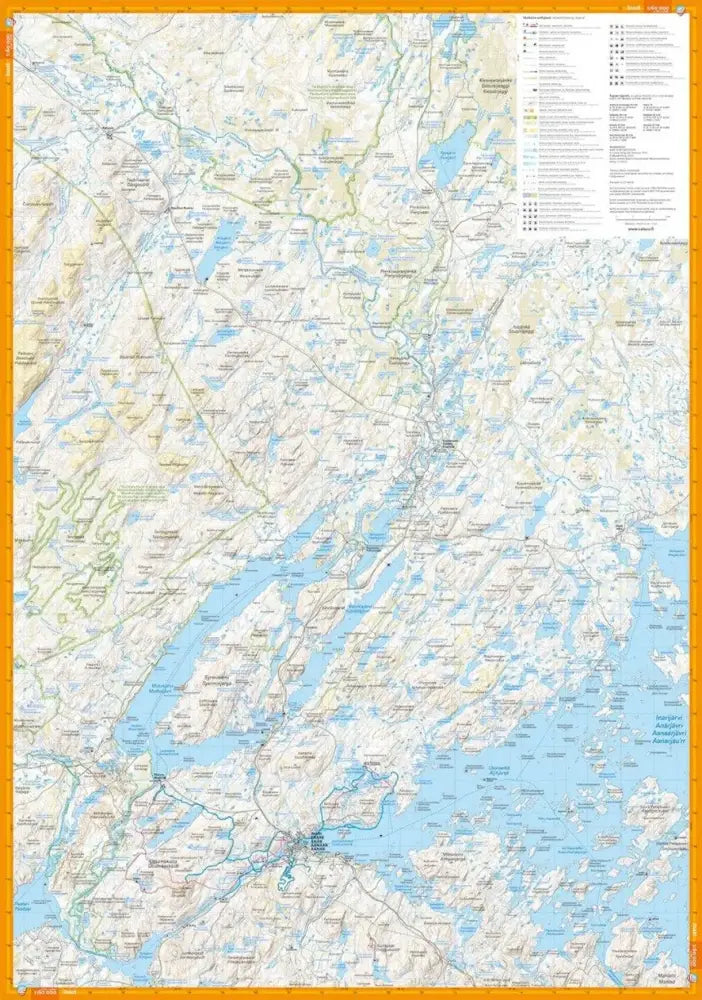 Orange kehystetty paperille painettu muotkatunturit ja kaamasjoki topografinen kartta mittakaavassa 1:60 000