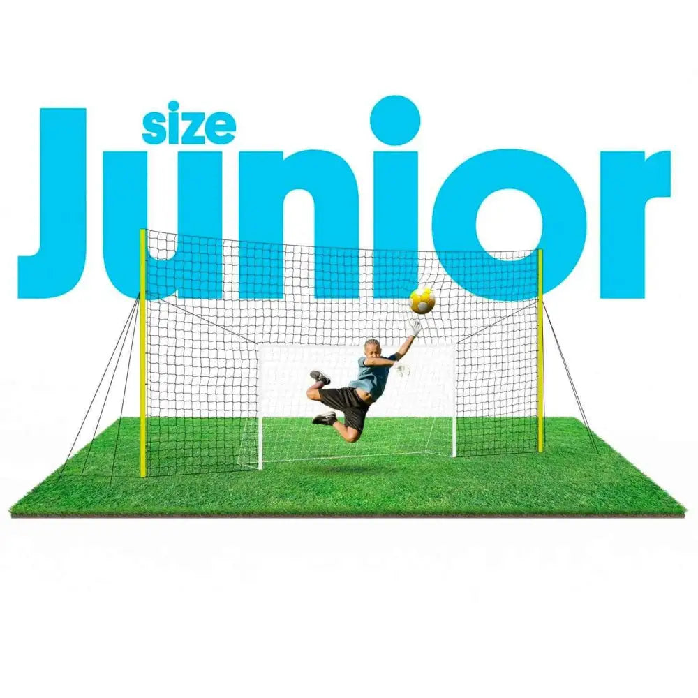 Yellow junior open goaaal football goal with black netting and green artificial turf base for training use