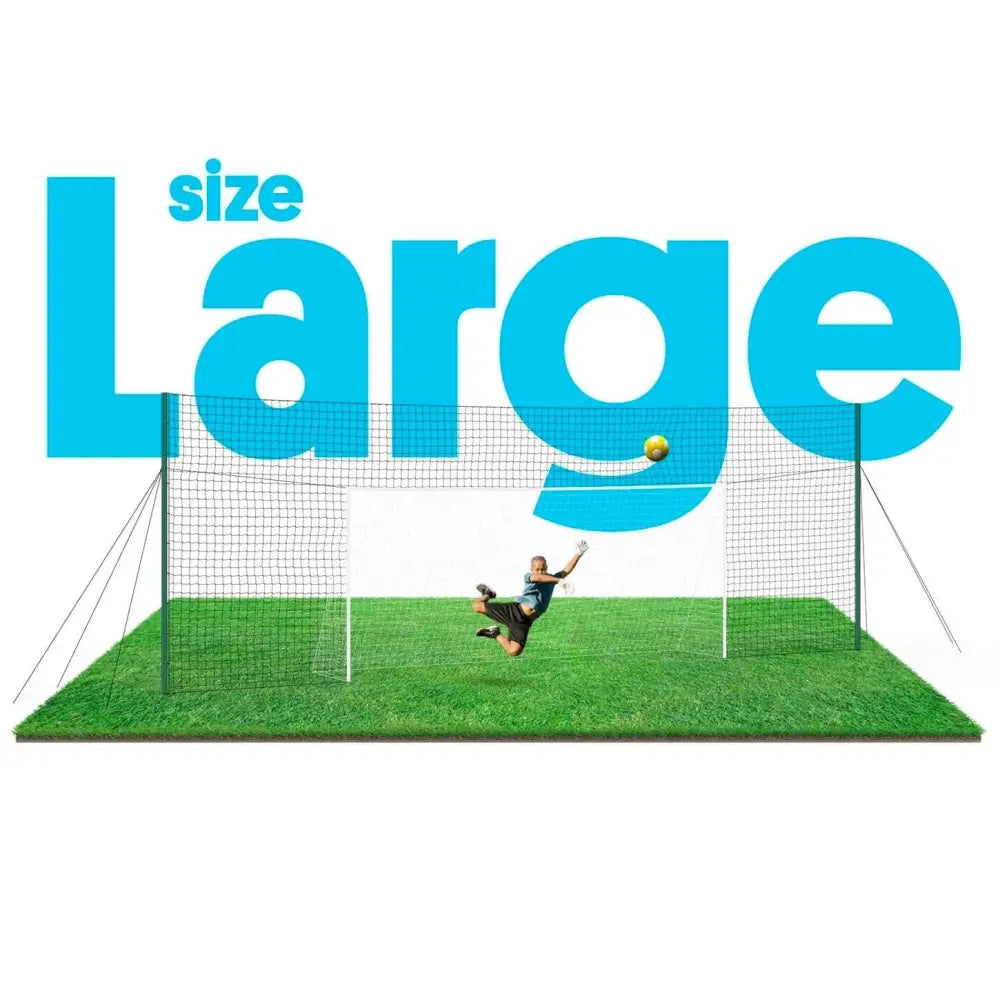 Large outdoor open goaaal football goal with black netting and green grass base for 3-in-1 training