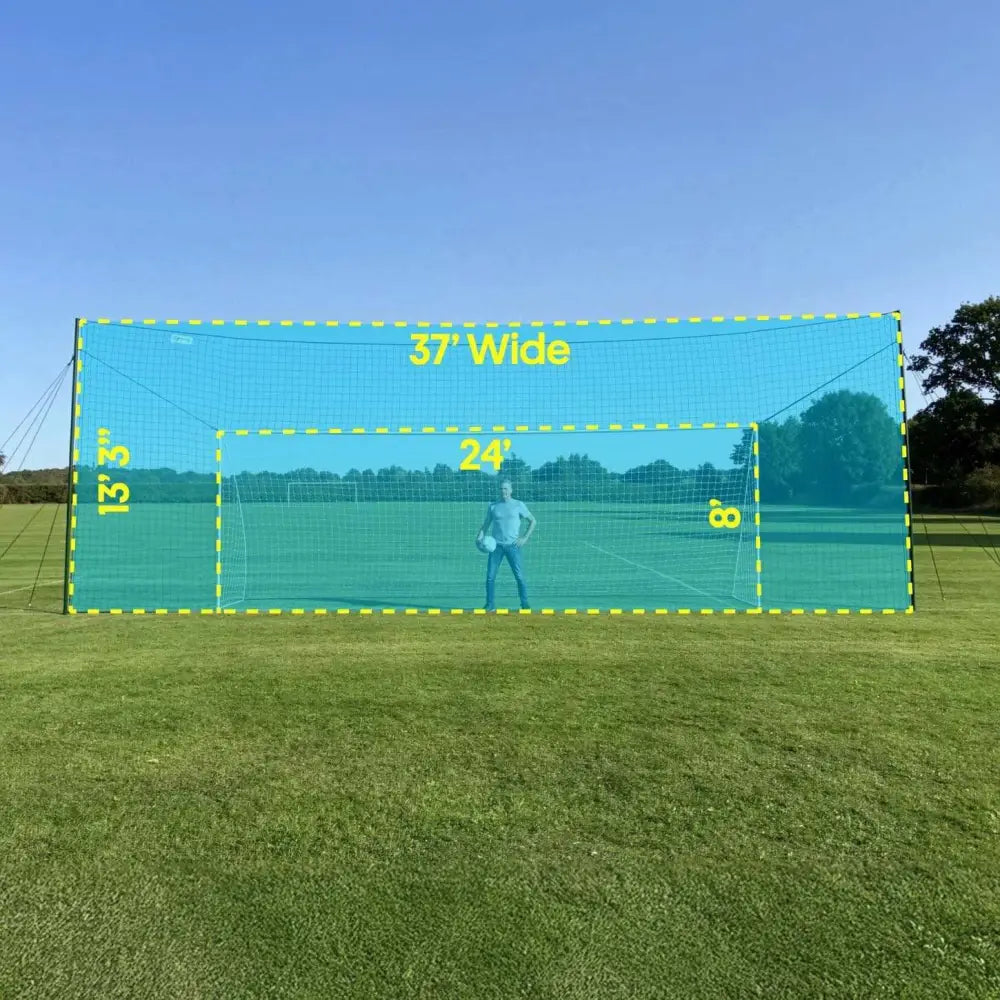 A bright blue open goaaal football goal 3-in-1 trainer with yellow measurement markings for outdoor use