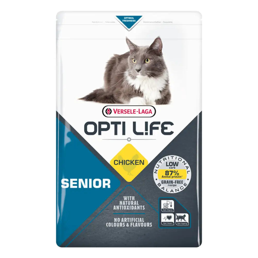 Verselaga opti life senior kissanruokapussi kana maku 87 prosenttia eläinproteiini harmaa valkoinen pitkäkarvainen kissa