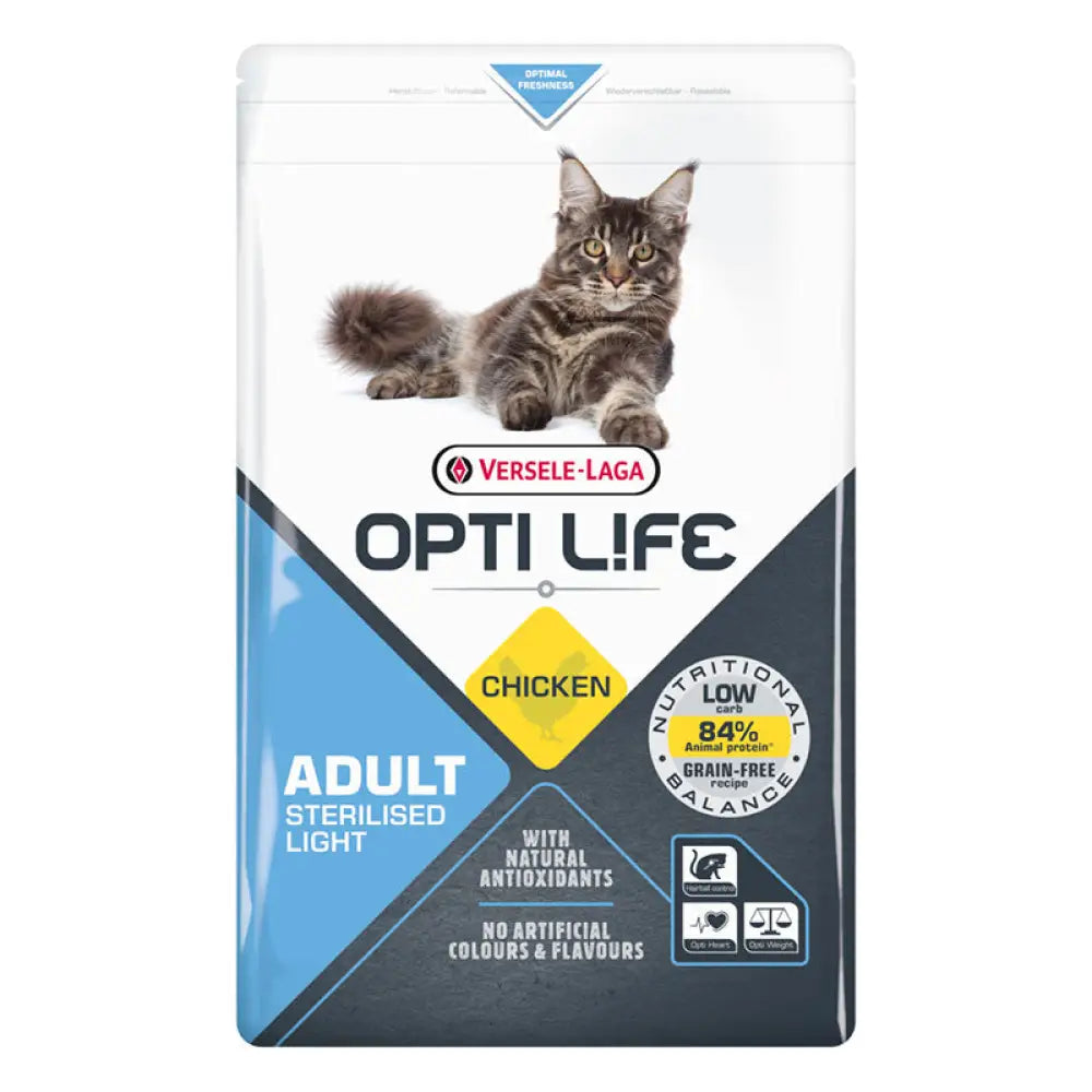 A bag of versele-laga opti life adult sterilised light cat food with chicken featuring a tabby cat image and blue grey design