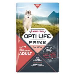 Versa-laga opti life prime salmon hypoallergeeninen koiranruoka punaisessa ja tummanharmaassa pakkauksessa aikuisille koirille