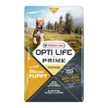 Verselaga opti life prime puppy kana kana ruokapussi keltamustalla värillä ja juoksevan pennun kuvalla metsässä