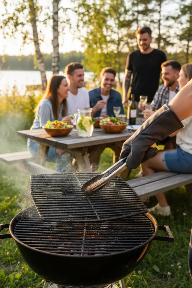 Musta hiiligrilli metalliritilöillä ja sivukahvoilla patakinnas pellava -tuotteessa