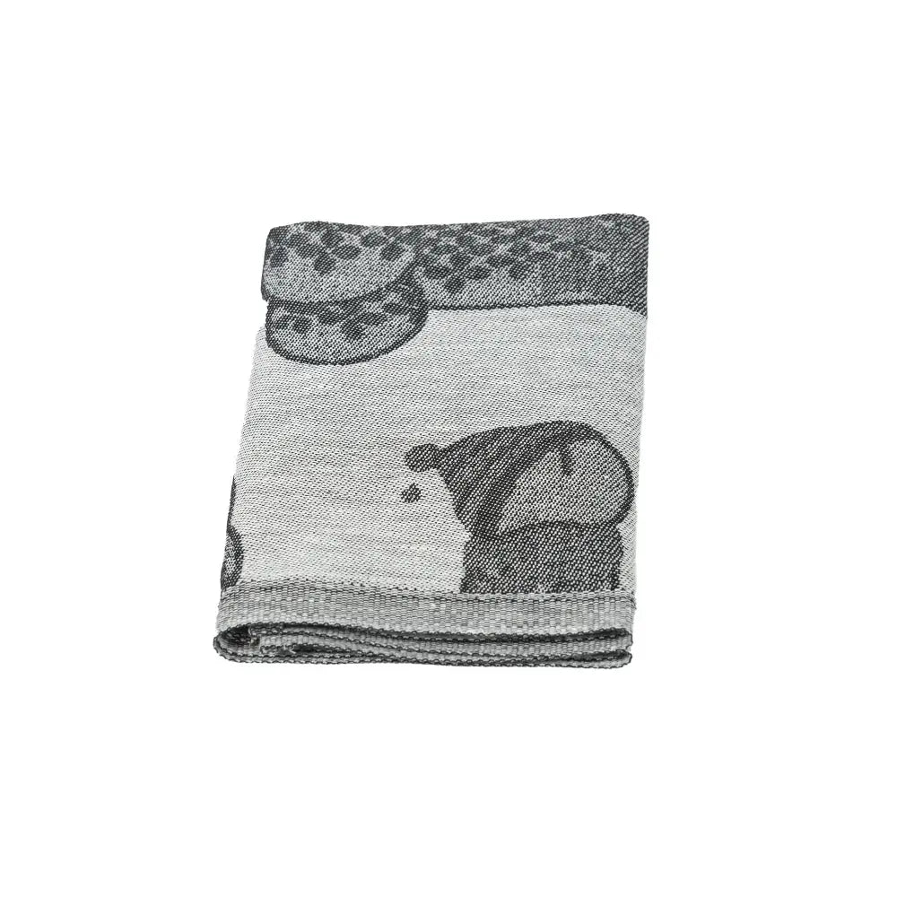 Folded gray and white woven pefletti towel with playful dark gray animal pattern made of linen by jokipiin pellava
