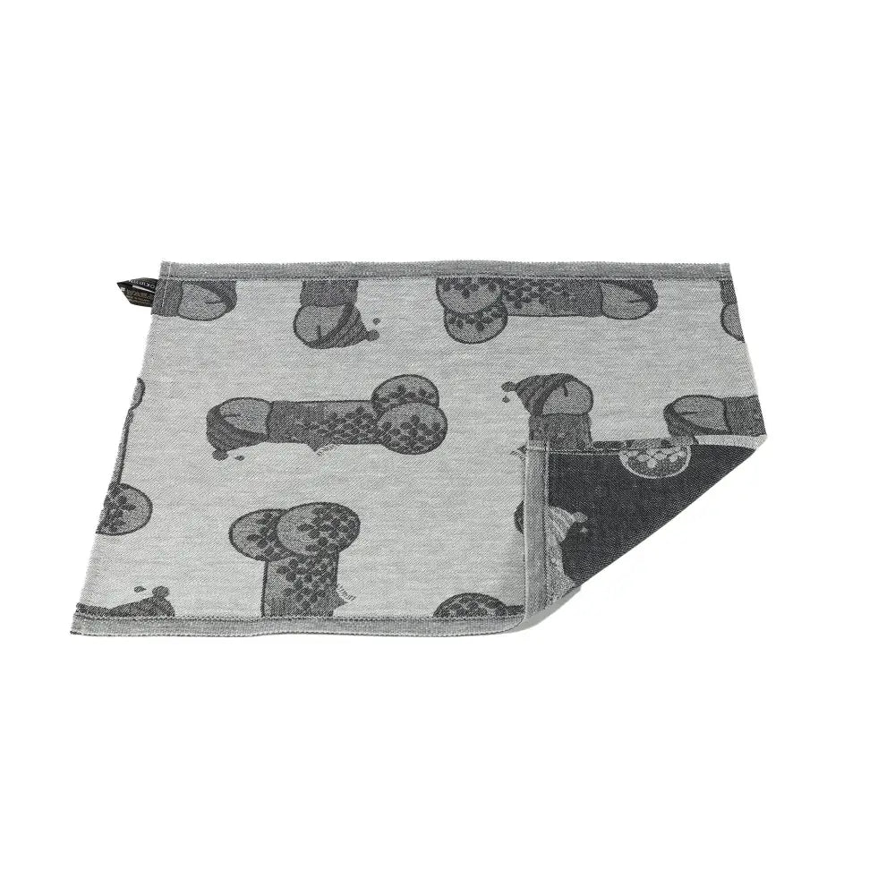 Gray fabric hand towel with black cartoon dog print made of linen by jokipiin pellava pefletti onnenkalu timber
