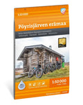Kartta pöyrisjärven erämaa 1 50 000 oranssi ja harmaa väritys jossa rustiikkinen hirsimökki ja polkupyöriä ulkona