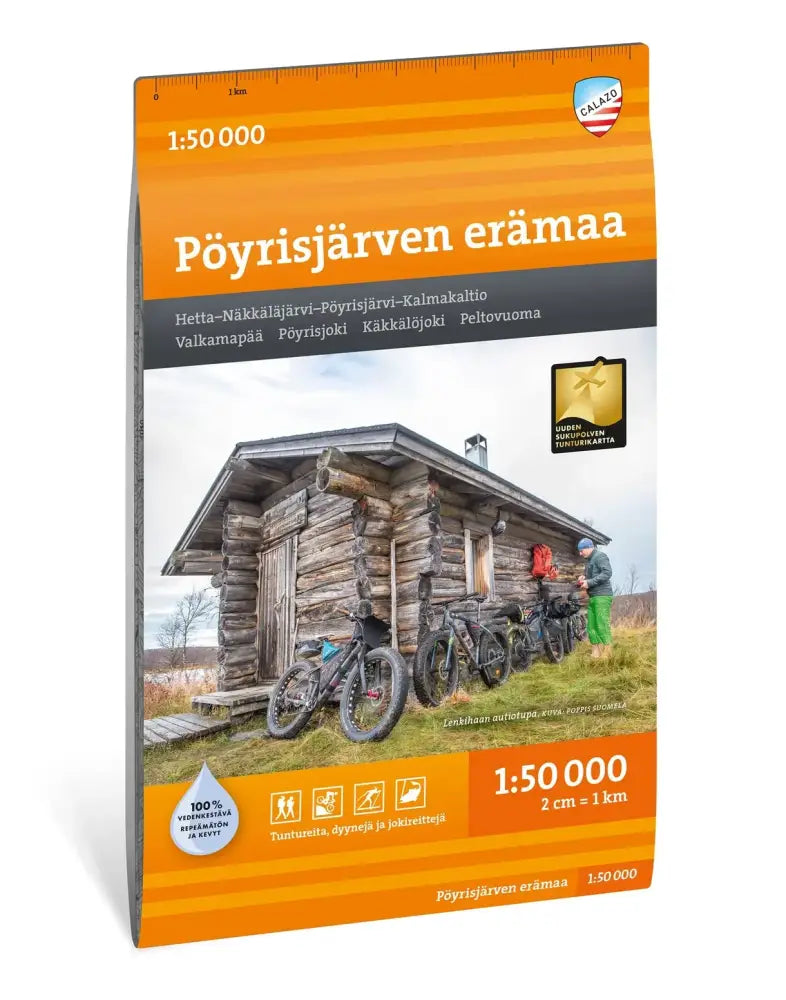 Kartta pöyrisjärven erämaa 1 50 000 oranssi ja harmaa väritys jossa rustiikkinen hirsimökki ja polkupyöriä ulkona