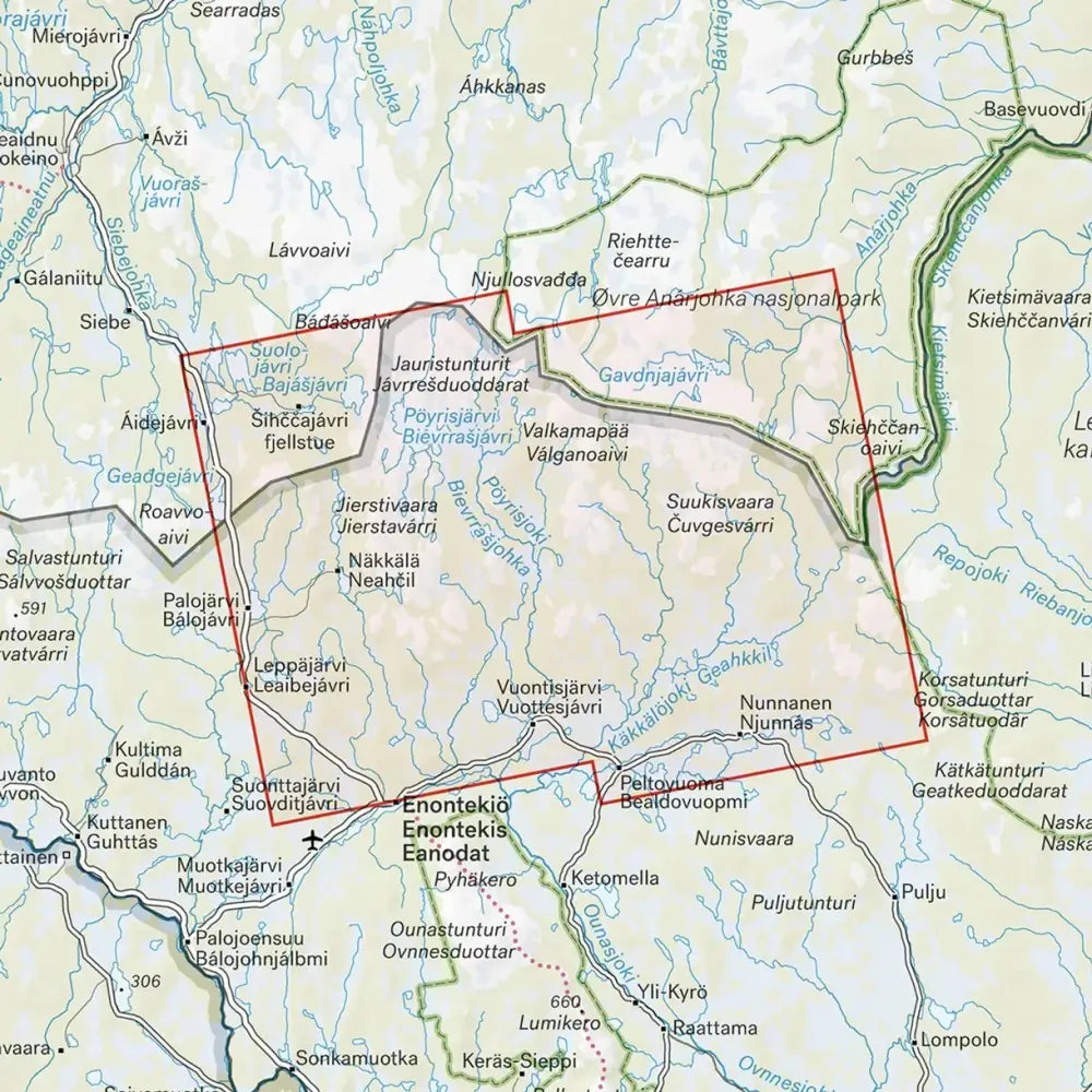 This is a detailed topographical map of pöyrisjärven erämaa 1 50 000 showing ovre anđajohka national park boundaries in finland