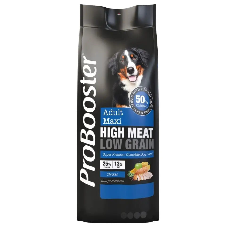 Black and blue probooster adult maxi chicken 12kg dog food bag with tri-color bernese mountain dog image