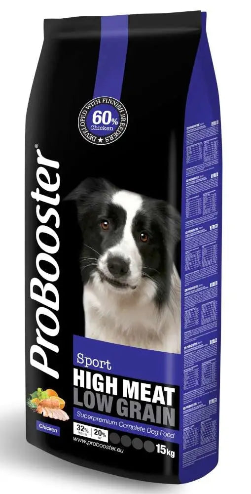 ProBooster adult sport chicken 12kg koiranruoka mustassa ja violettissa pussissa bordercollie-kuvalla