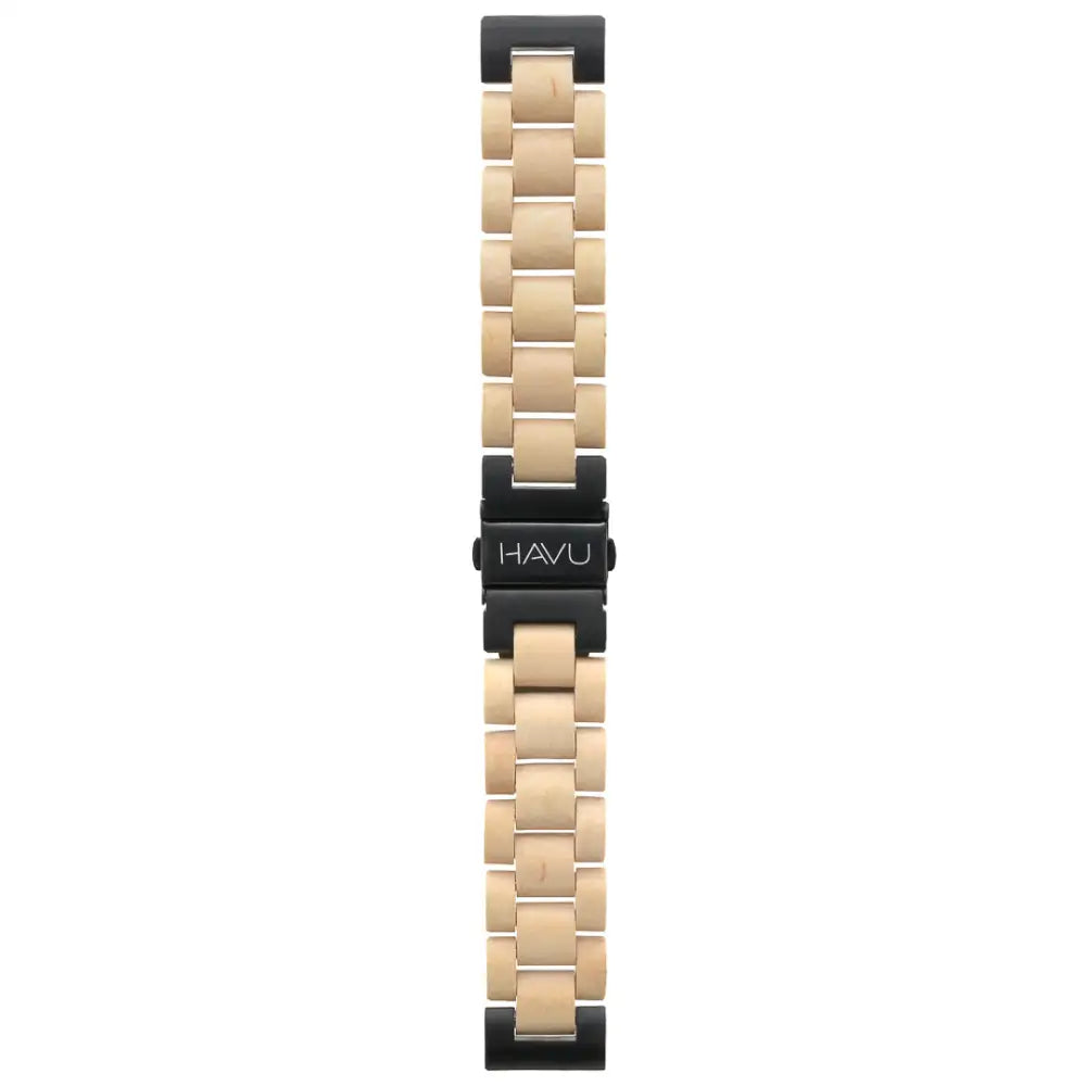 Beige koivu puinen ranneke jossa musta metallinen solki ja havu-brändäys 20mm ja 22mm leveydellä