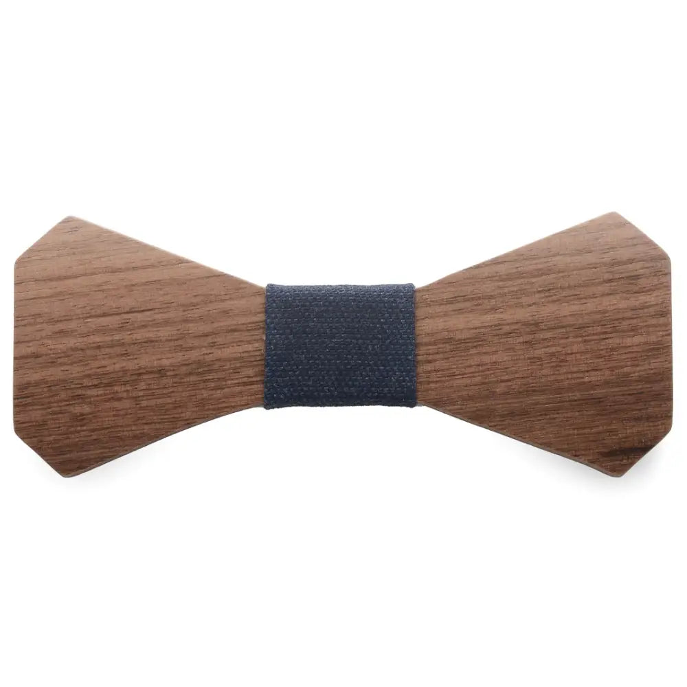 Puurusetti pähkinäpuu bow tie tummanruskeaa puuta ja sinisen tekstuurilla varustettua kangasnauhaa