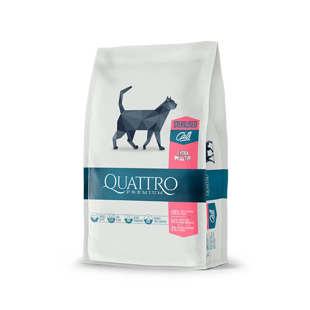 White bag of quattro cat adult sterilized 1,5 kg premium cat food with extra poultry featuring black cat and teal accents