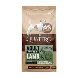 Quattro super premium aikuisten viljatonta lammasta sisältävä koiranruoka 1,5 kg ruskeassa ja beigen sävyisessä uudelleen suljettavassa pussissa