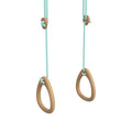 Light blue rope hangs from oak rings with natural wood finish and rounded edges in rings oak mint product
