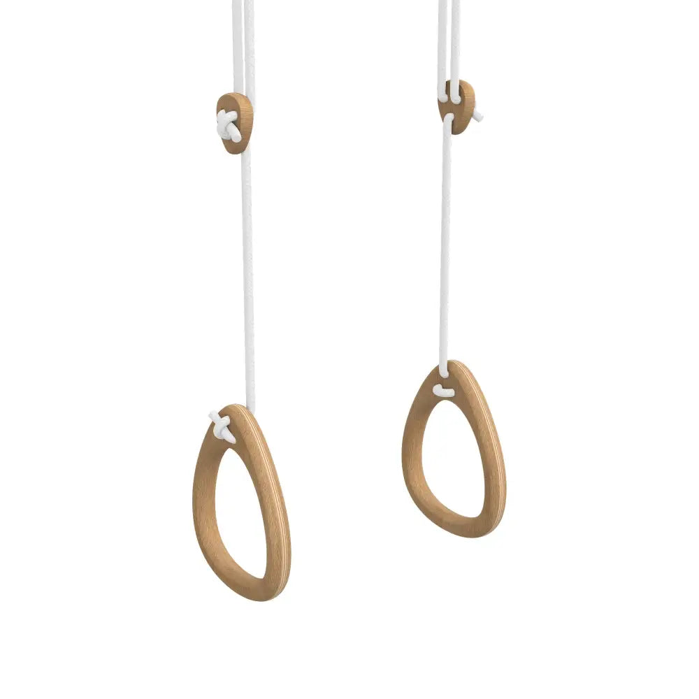 Natural wood gymnastic rings with white rope suspension in oak color for fitness exercises