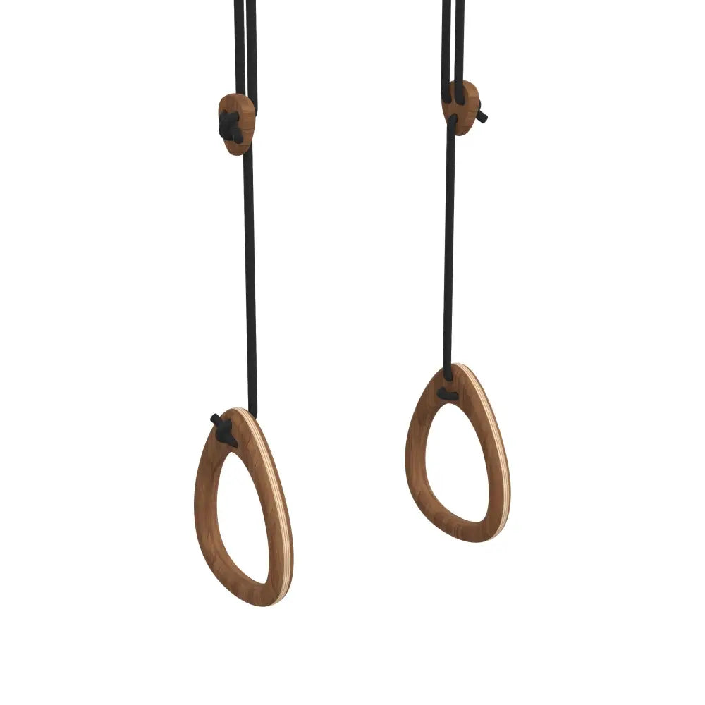 Pair of walnut wooden gymnastic rings with black straps and adjustable wood knobs for strength training