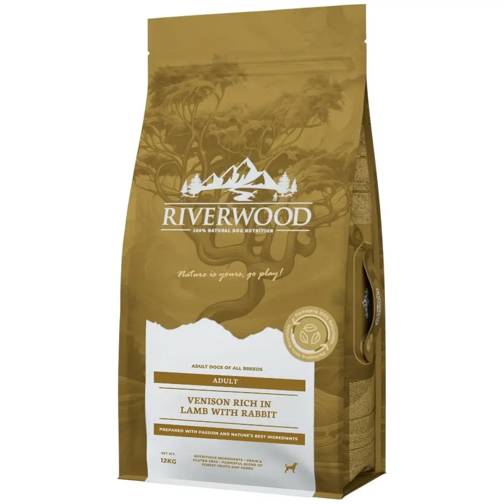Riverwood adult peura lammas ja kani koiranruoka 12 kg kulta ruskea pussi metsä ja vuori design venison lamb rabbit