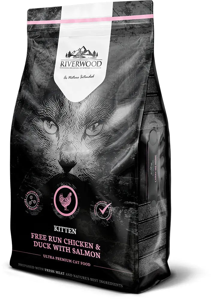 Riverwood cat kitten kana ankka ja lohi musta ja pinkki ultra premium kissanruoka vapaan kanan lihalla ja lohella