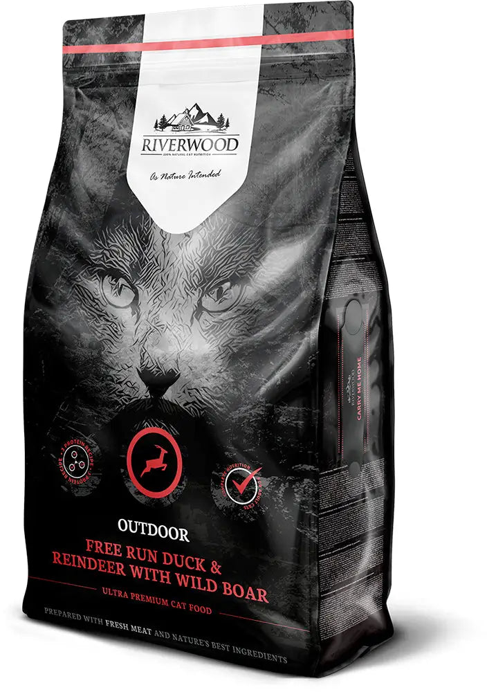 Riverwood cat outdoor ankka poro ja villisika musta ja punainen pussi jossa villejänis kasvojen harmaa kuva