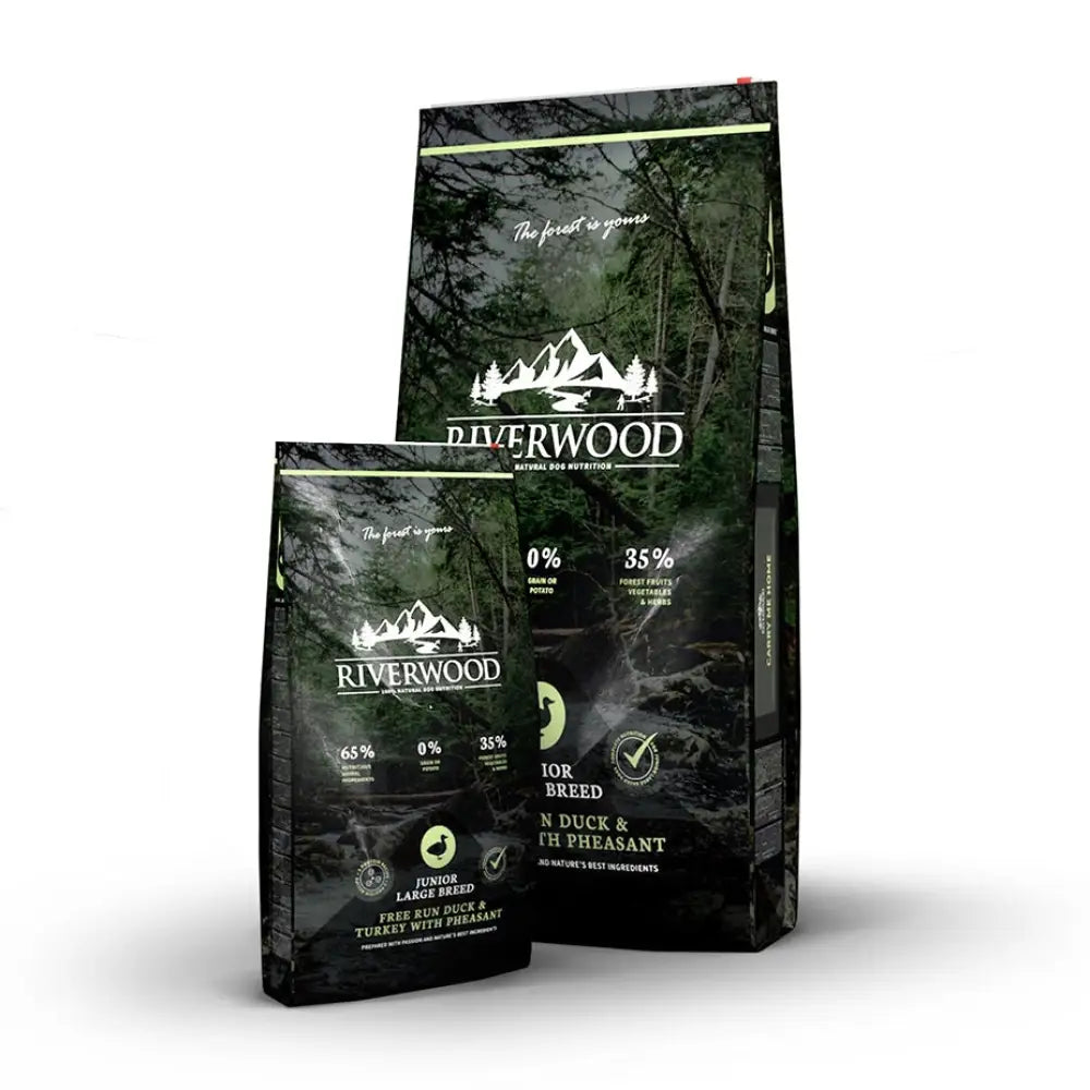Riverwood junior large ankka kalkkuna ja fasaani koiranruokapussit tumman metsämallinen design valkoisin ja vaaleanvihrein tekstein