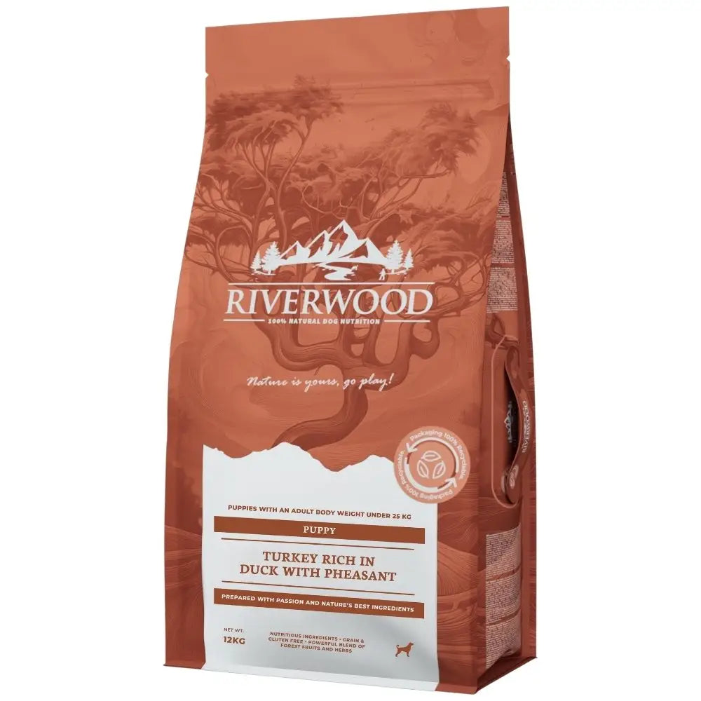 Riverwood puppy kalkkuna ankka ja fasaani 12kg terrakotan värinen koiranpenturuokapussi kalkkunalla riistalla