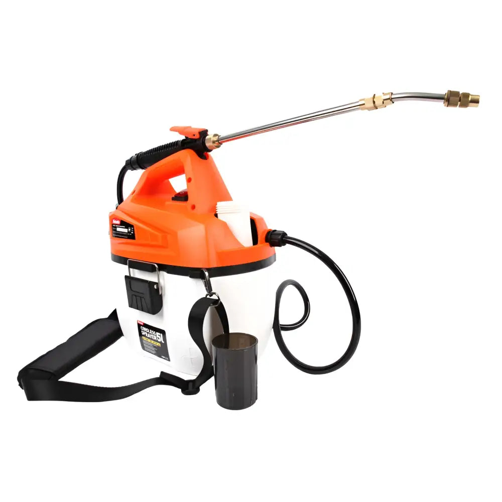 Orange ja valkoinen sähköinen Robota DC-CS18V akkuruiskupullo 5 litran säiliöllä ja mustalla letkulla