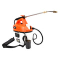 Orange ja valkoinen sähköinen Robota DC-CS18V akkuruiskupullo 5 litran säiliöllä ja mustalla letkulla