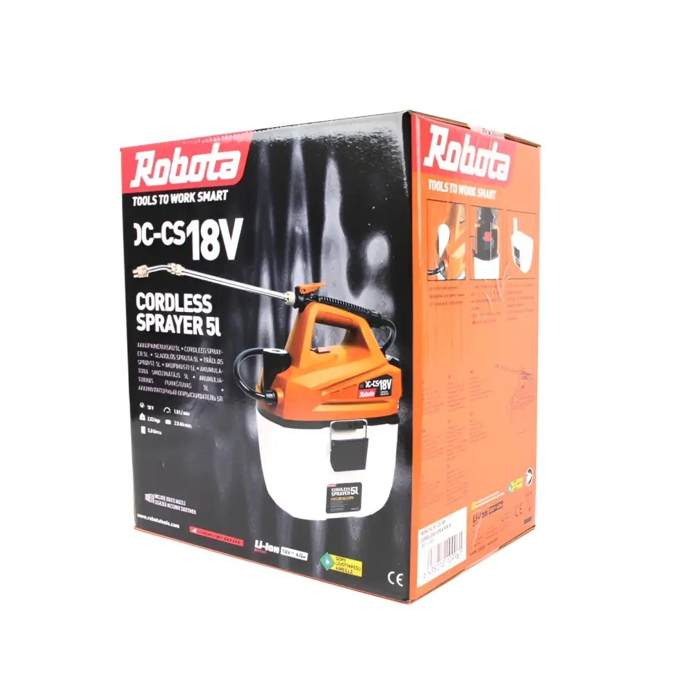Robota dc-cs18v akkuruiskupullo 5 litran säiliöllä oranssi valkoinen runko mustalla kahvalla ja suihkujohdolla