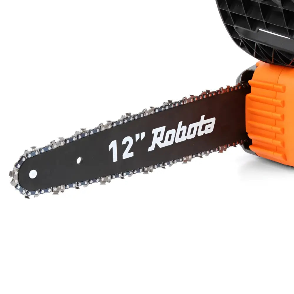 Robota dc-csa18v akkuketjusahan musta 12-tuumainen ketjupalkki hopeilla terillä ja oranssilla moottorikotelolla