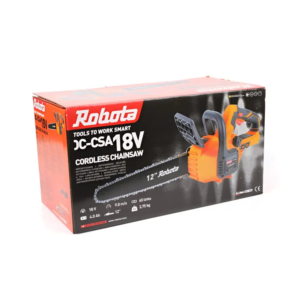 Robota dc-csa18v akkuketjusaha runko oranssi ja musta langaton myyntipakkauksessa