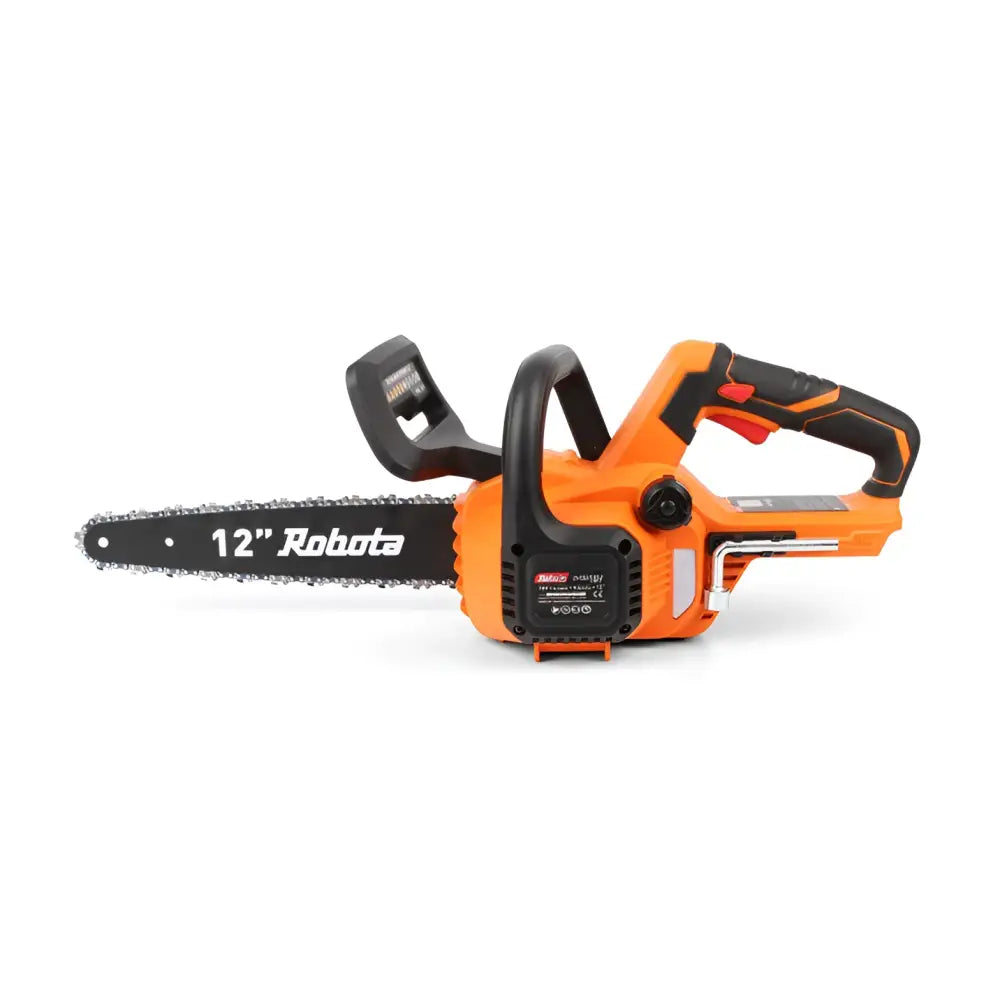 Robota dc-csa18v akkuketjusaha oranssi ja musta langaton 12-tuumaisella terällä ja robota merkinnällä ketjussa