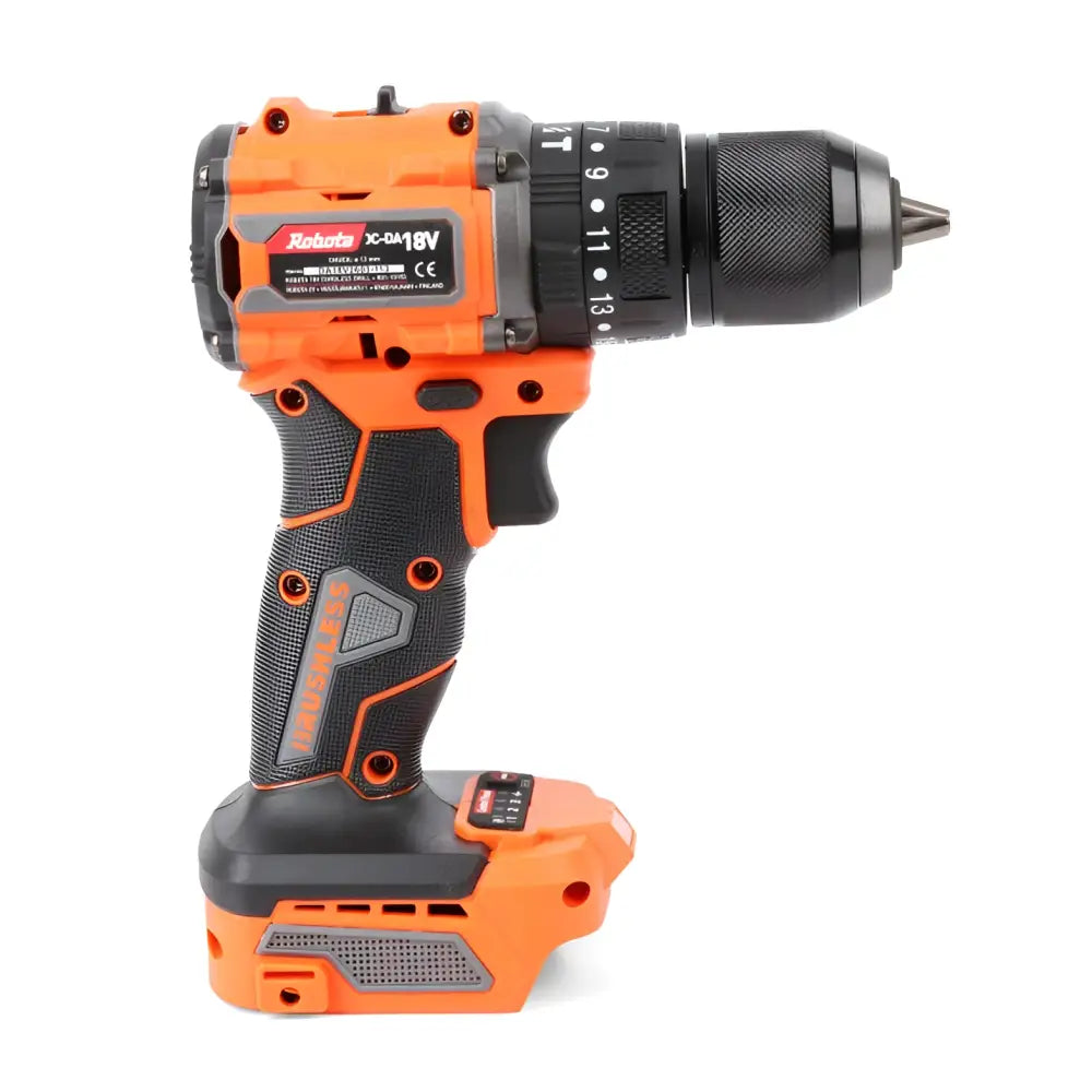 Robota dc-da18v akkuporakone runko oranssi ja musta langaton porakone teksturoidulla kahvalla ja 18v paristolla
