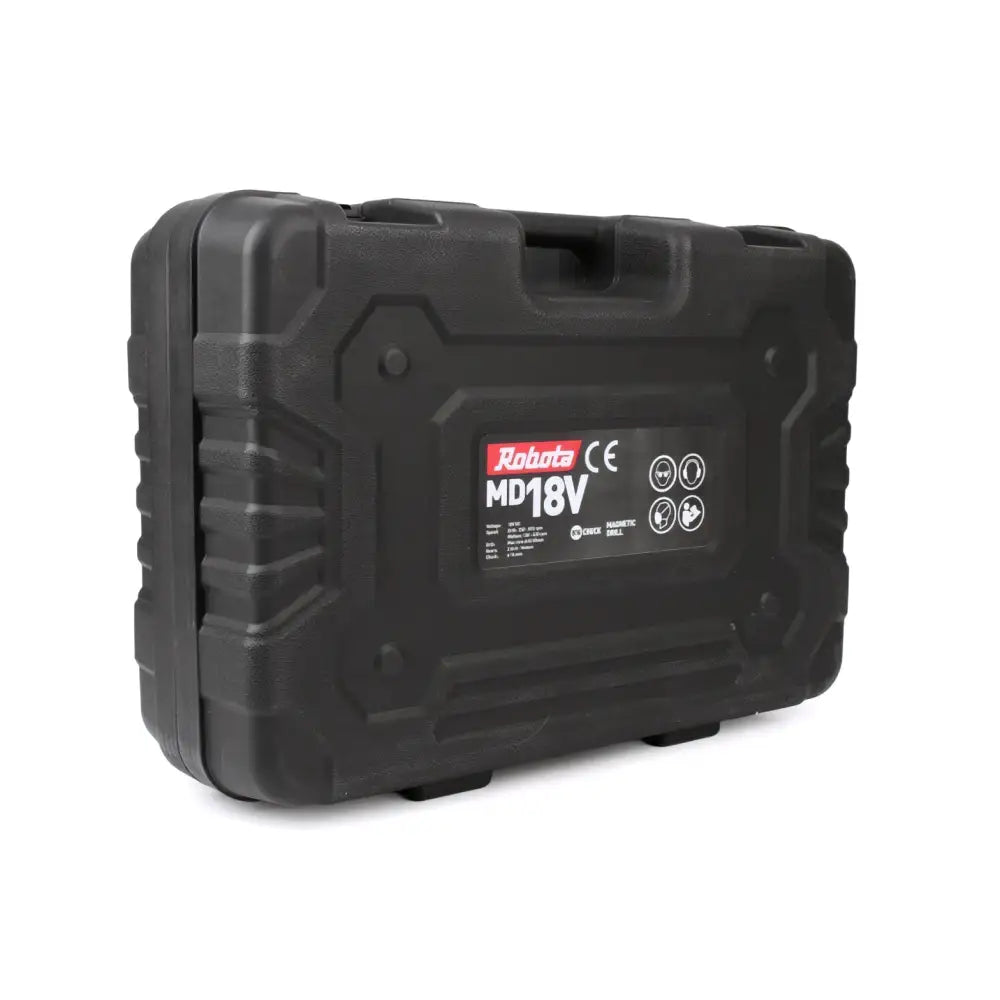 Black plastic tool case with a red and white robota md18v label for robota dc-md18v akkumagneettiporakone runko