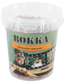 Rokka pikkusydän-makupalat 500g purkki pienen värikkään koiranherkun vihreällä etiketillä ja kirkkaalla kannella