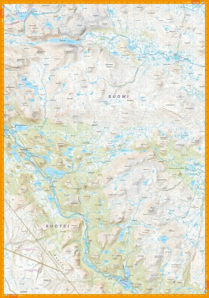 Detailed topographic map of finland and parts of russia with orange frame blue waterways and green elevation shading