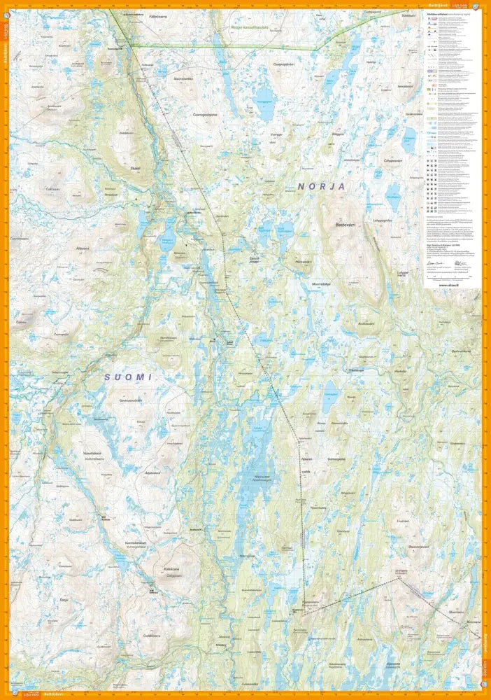 Yksityiskohtainen topografinen kartta rajaseudusta norja, ruotsi ja suomi tuotteessa Ropi, Raittijärvi ja Termisjärvi 1:50 000