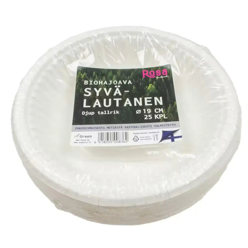 A stack of white rosa ruokalautanen biodegradable 19 cm paper plates with forest-themed sustainable label 25 pcs