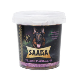 Saaga viljaton makupalamix 500 g mustassa säiliössä, jossa saksanpaimenkoiran kuva ja violettia kimaltavaa sisältöä