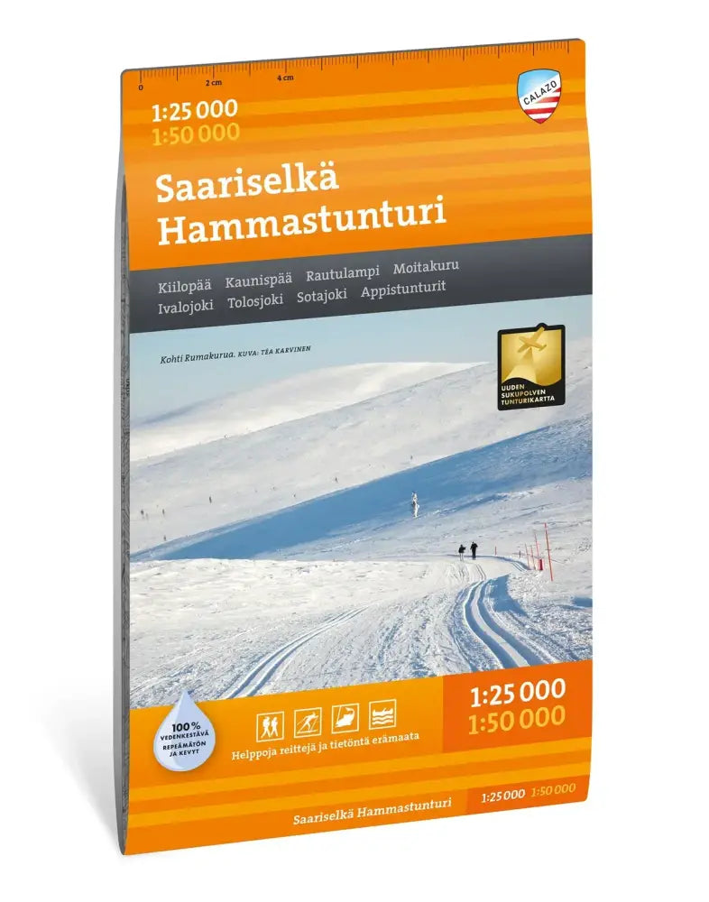 Kartta saariselkä hammastunturi 1 25 000 1 50 000 oranssi ja harmaa luminen vuoristomaisema hiihtäjineen rinteillä