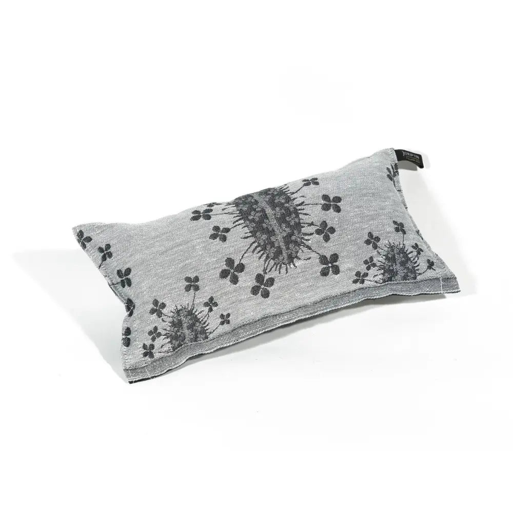 Gray linen saunatyyny with black embroidered floral and spiky plant patterns by jokipiin pellava