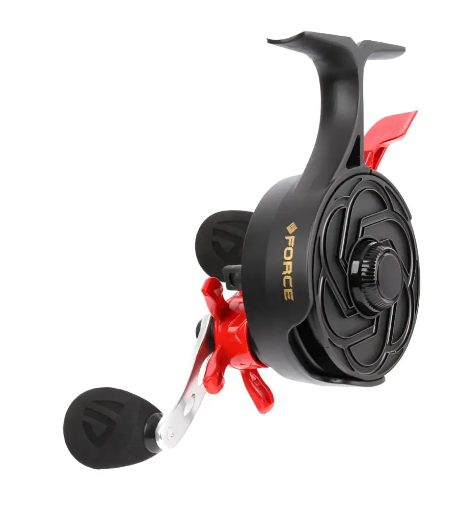 Black and red Scandinavian Tackle Force outdoor spinning reel with sleek modern design oikea pilkkikela 60mm