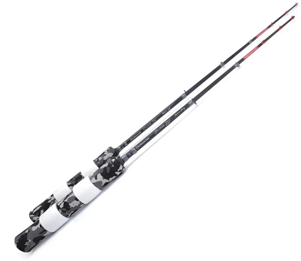 Black and white camouflage-patterned scandinavian tackle quadstik 20 inch fishing rod with red handle accents